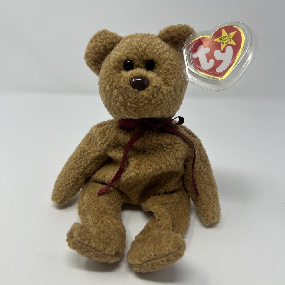Vintage NWT TY Beanie Baby Curly the Brown Teddy Bear 1993 W/ Tag Protector